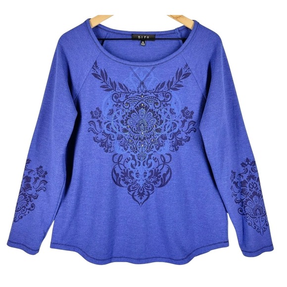 B.L.E.U. Tops - B.L.E.U. Blue Waffle Knit Thermal Embellished Medallion Graphic‎ Top Boho XL